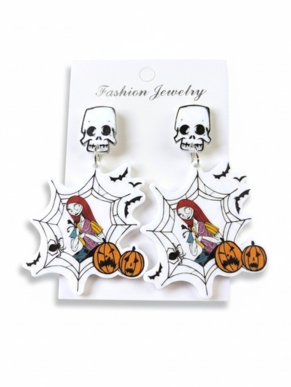 Nightmare Before Christmas Sally Web and Pumpkin Drop Earrings in White NWT